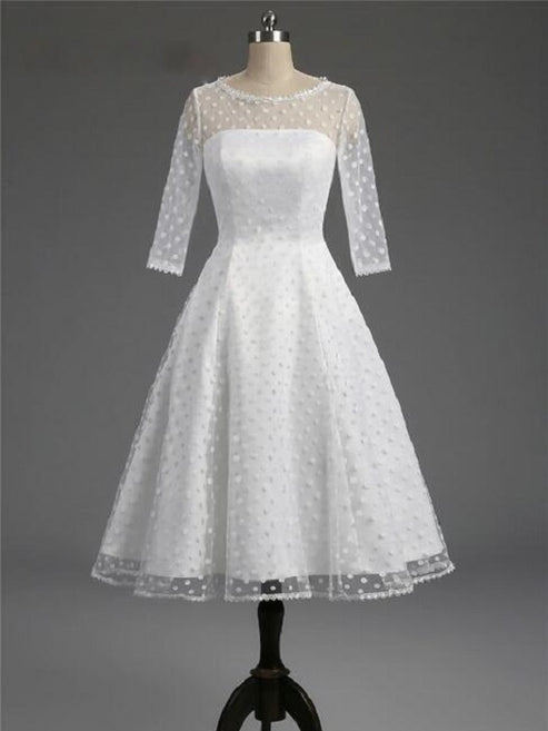 Classic Polka Dot White Short Wedding Dress with Sleeves,1950s Pin Up ...