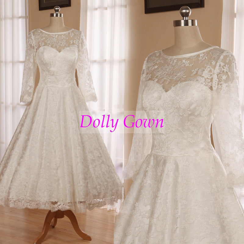 Classic Vintage 1950s Tea Length Lace Wedding Dress with Sleeves,Audrey Hepburn Wedding Dress,DO021-Dolly Gown