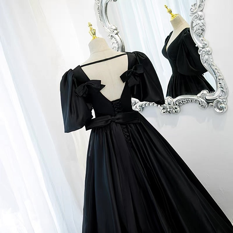 Classy Black Prom Dress Formal Dress with Bubble Sleeves - DollyGown