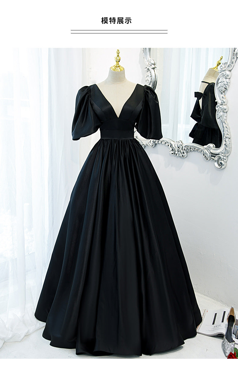 Classy Black Prom Dress Formal Dress with Bubble Sleeves - DollyGown