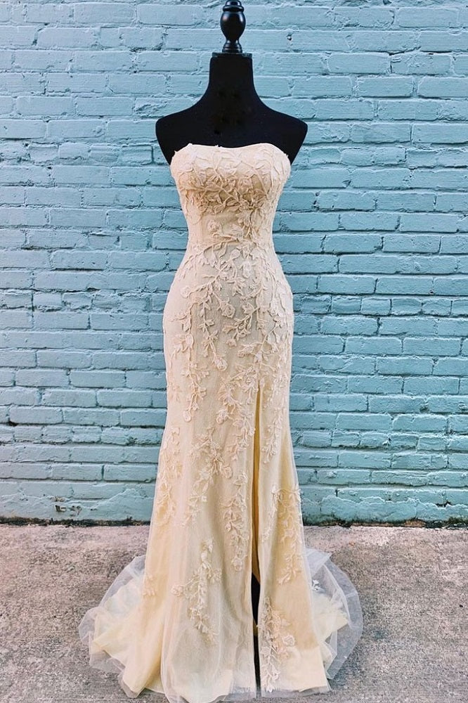 Classy Gold Lace Appliques Long Strapless Prom Dress with Side Slit,20081607-Dolly Gown