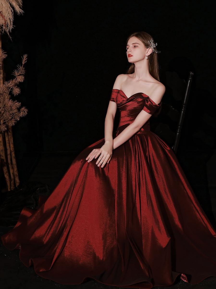 maroon flowy prom dresses Burgundy Tulle A-line Cross Back Prom Dresses With Thigh Slit, Formal Dress, MP649
