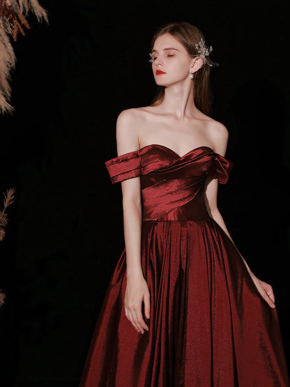Classy Off The Shoulder Long Maroon Prom Dress _4