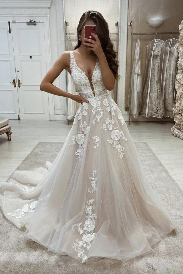 Classy Plunge V neck Lace Wedding Dress - DollyGown