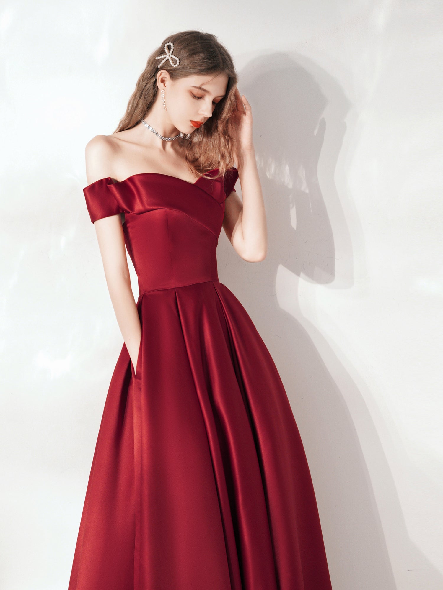 Red Satin Silk Off Shoulder Gown for Party WJ64320