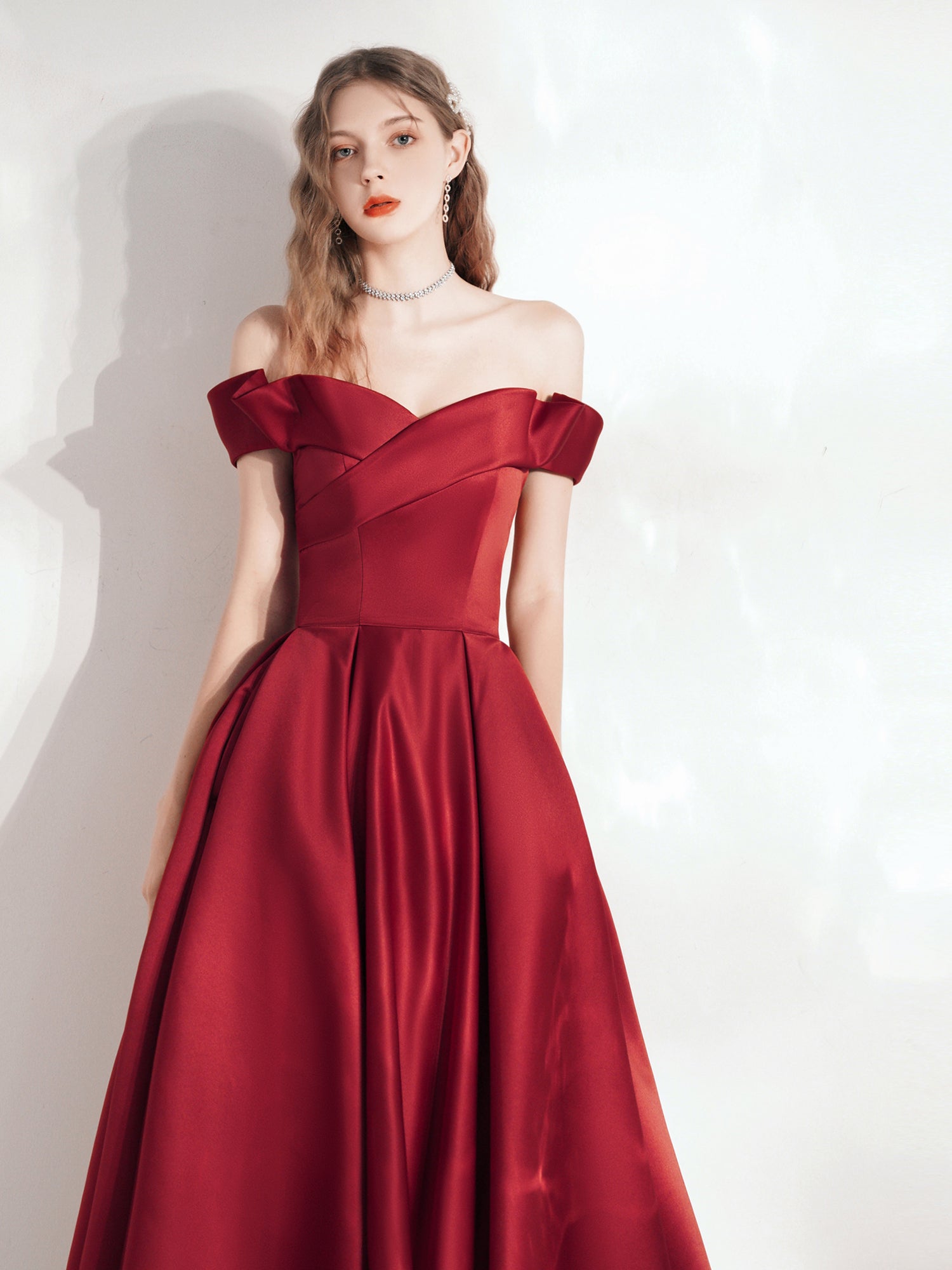 Classy Red Ball Gown Off Shoulder Prom Dress with Pockets - DollyGown