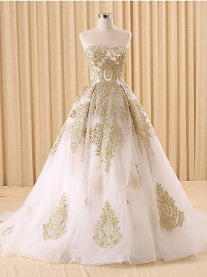 Classy Strapless Lace Gold Wedding Dress Ball Gown Wedding Dress Fs020-Dolly Gown