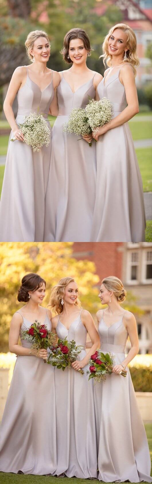 Silver Gray Country V-Neck Satin Bridesmaid Dresses Silver Gray Country V-Neck Satin Bridesmaid Dresses
