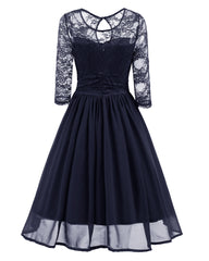 Classy Modest Navy Blue Lace Short Prom Dress with Sleeves,Blue Party Dress,1581N-Dolly Gown