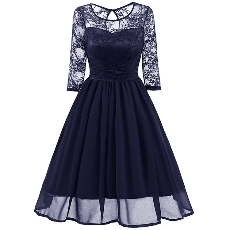 Classy Modest Navy Blue Lace Short Prom Dress with Sleeves,Blue Party Dress,1581N-Dolly Gown