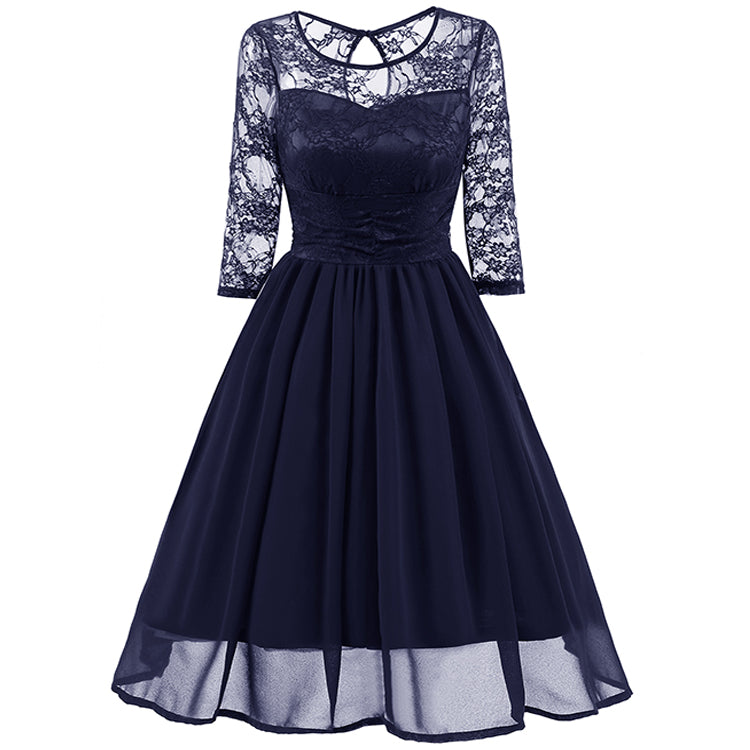Classy Modest Navy Blue Lace Short Prom Dress with Sleeves