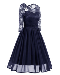 Classy Modest Navy Blue Lace Short Prom Dress with Sleeves,Blue Party Dress,1581N-Dolly Gown