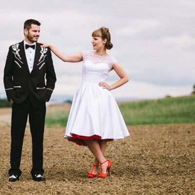 White Tea Length Lace Retro Wedding Dress | Polka Dot Tea Length Wedding Dress
