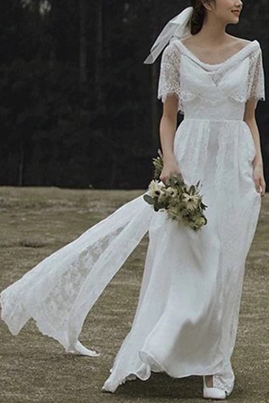 Country Style Flowy Bohemian Lace Wedding Dress - DollyGown