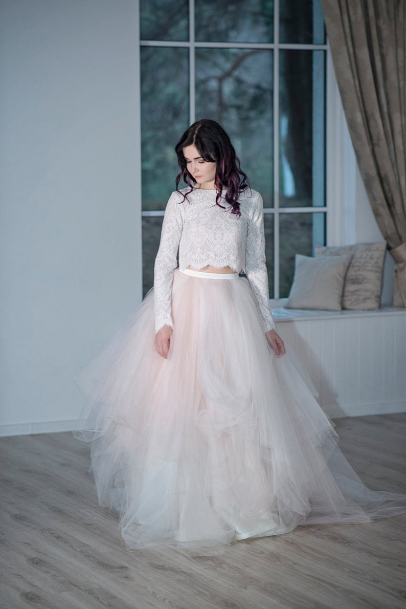 Country Style Lace Crop Top 2 Piece Wedding Dresses with Long Sleeves Country Style Lace Crop Top 2 Piece Wedding Dresses with Long Sleeves