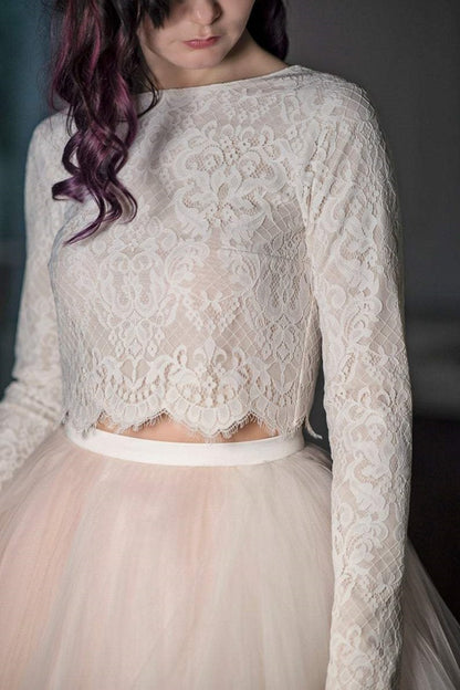 Country Style Lace Crop Top 2 Piece Wedding Dresses with Long Sleeves,20081501-Dolly Gown