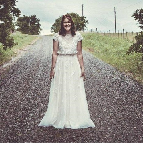 Country Style Lace Unique Cap Sleeves Two Piece Long Bridal Separates Wedding Dress,20082224-Dolly Gown