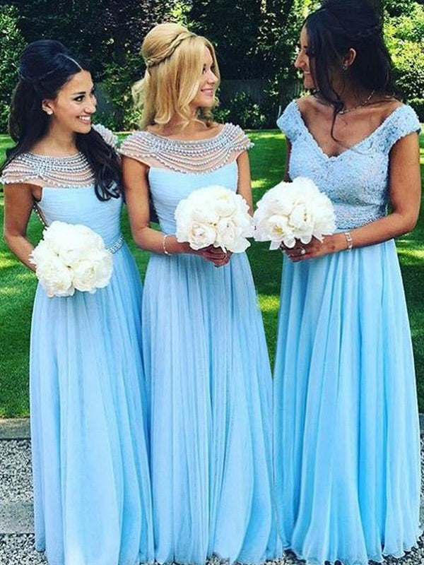 Country Style Long Chiffon Blue Bridesmaid Dresses FS056-Dolly Gown