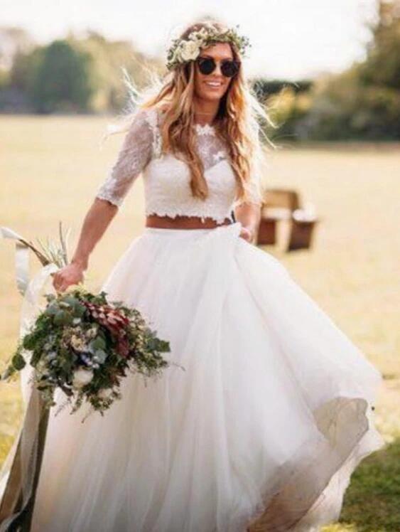 Modest Short Sleeves Two Piece Bridal Separates Crop Top Wedding