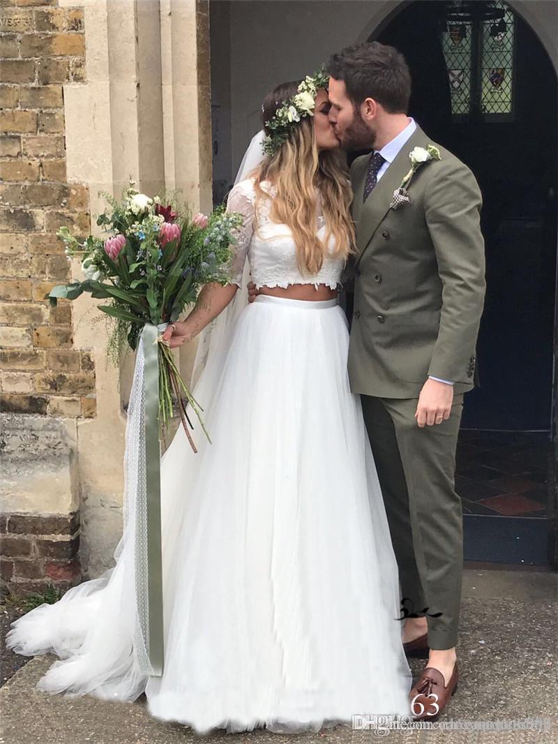 Country Style Long Sleeve Lace 2 Piece Wedding Dress | Crop Top Bridal Separates Country Style Long Sleeve Lace 2 Piece Wedding Dress | Crop Top Bridal Separates