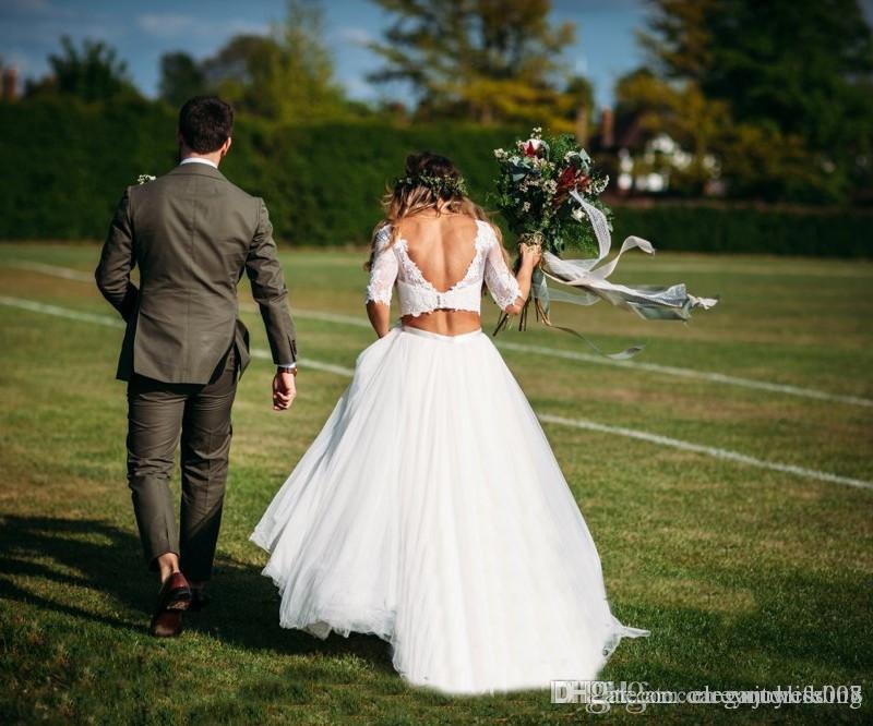 Country Style Long Sleeve Lace  2 Piece Wedding Dress,Crop Top Bridal Separates,20082209-Dolly Gown