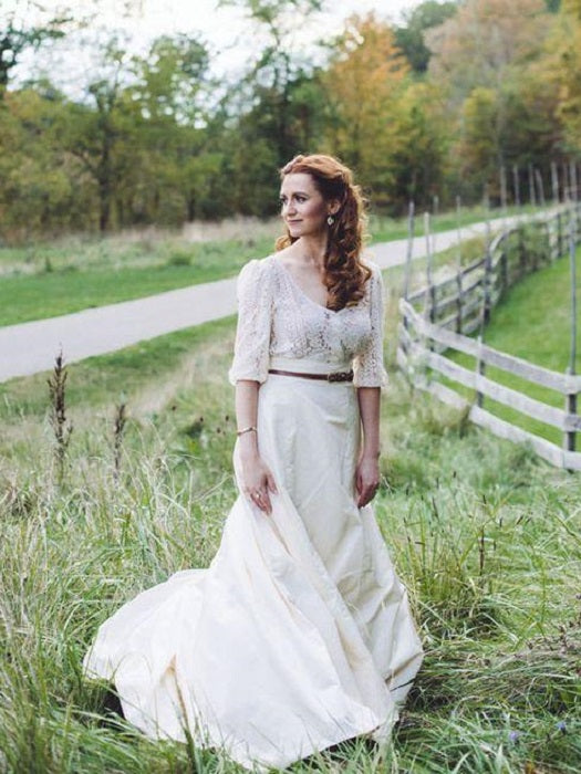 Country Style Loose Crop Top Wedding Dress Bridal Separates with Sleeves,20082344-Dolly Gown