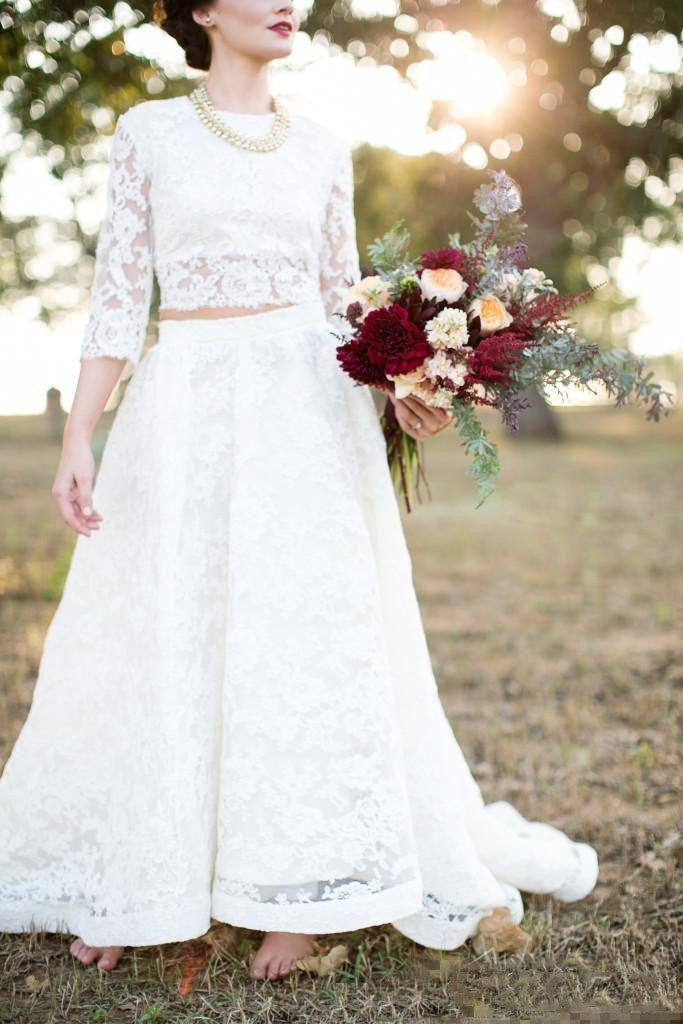 Country Style Modest Lace Long Sleeve Lace Two Piece Wedding Dress, Bridal Separates Long Sleeve Top,20082690-Dolly Gown