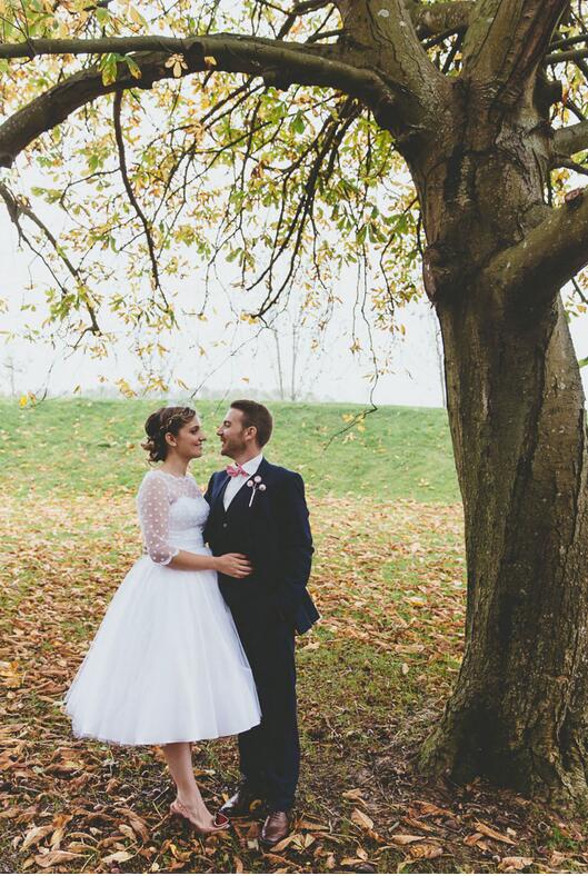 Country Style Rustic Polka Dot Tea Length Wedding Dress with 1/2 Sleeves,20110638-Dolly Gown