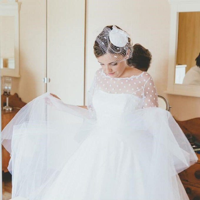 Country Style Rustic Polka Dot Tea Length Wedding Dress with 1/2 Sleeves,20110638-Dolly Gown