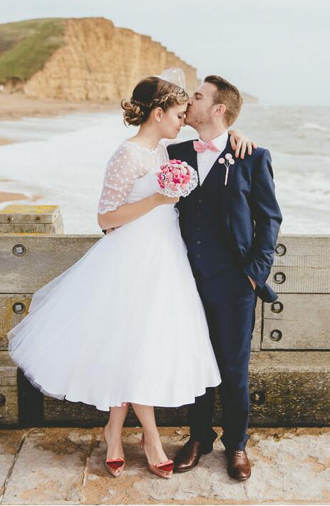 Country Style Rustic Polka Dot Tea Length Wedding Dress with 1/2 Sleeves,20110638-Dolly Gown