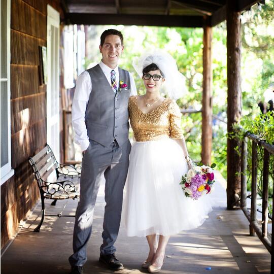 Country Style Gold Sequins Top Short Wedding Dress with 1/2 Sleeves Country Style Gold Sequins Top Short Wedding Dress with 1/2 Sleeves
