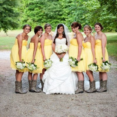 Country Style Summer Short Yellow Strapless Chiffon Bridesmaid Dresses with Cowboy Boots,20081802-Dolly Gown