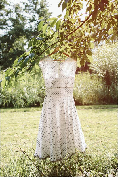 Country Style Vintage Cap Sleeves Chiffon Tea Length Wedding Dress with Black Polka Dots,20110227-Dolly Gown