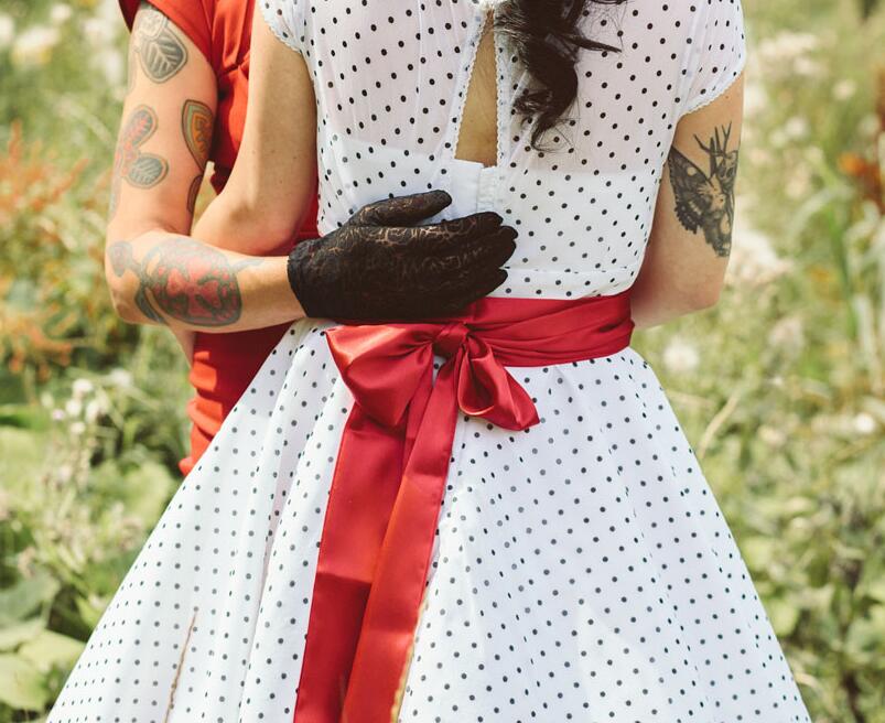 Country Style Vintage Cap Sleeves Chiffon Tea Length Wedding Dress with Black Polka Dots,20110227-Dolly Gown