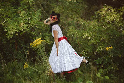 Country Style Vintage Cap Sleeves Chiffon Tea Length Wedding Dress with Black Polka Dots,20110227-Dolly Gown
