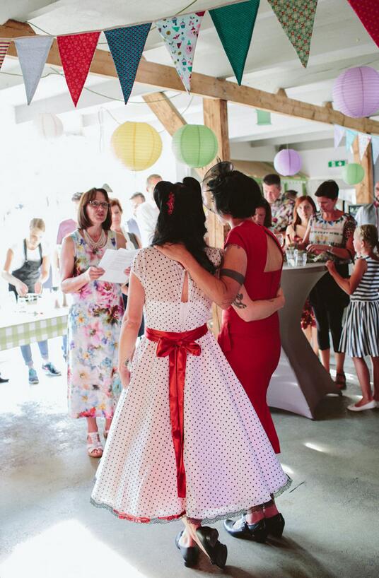 Country Style Vintage Cap Sleeves Chiffon Tea Length Wedding Dress with Black Polka Dots,20110227-Dolly Gown