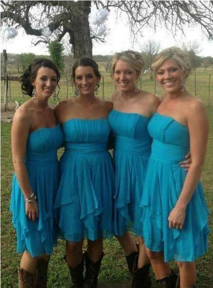 Country Turquiose Strapless Chiffon Ruffles Skirt Bridesmaid Dress with Boots,20081808-Dolly Gown