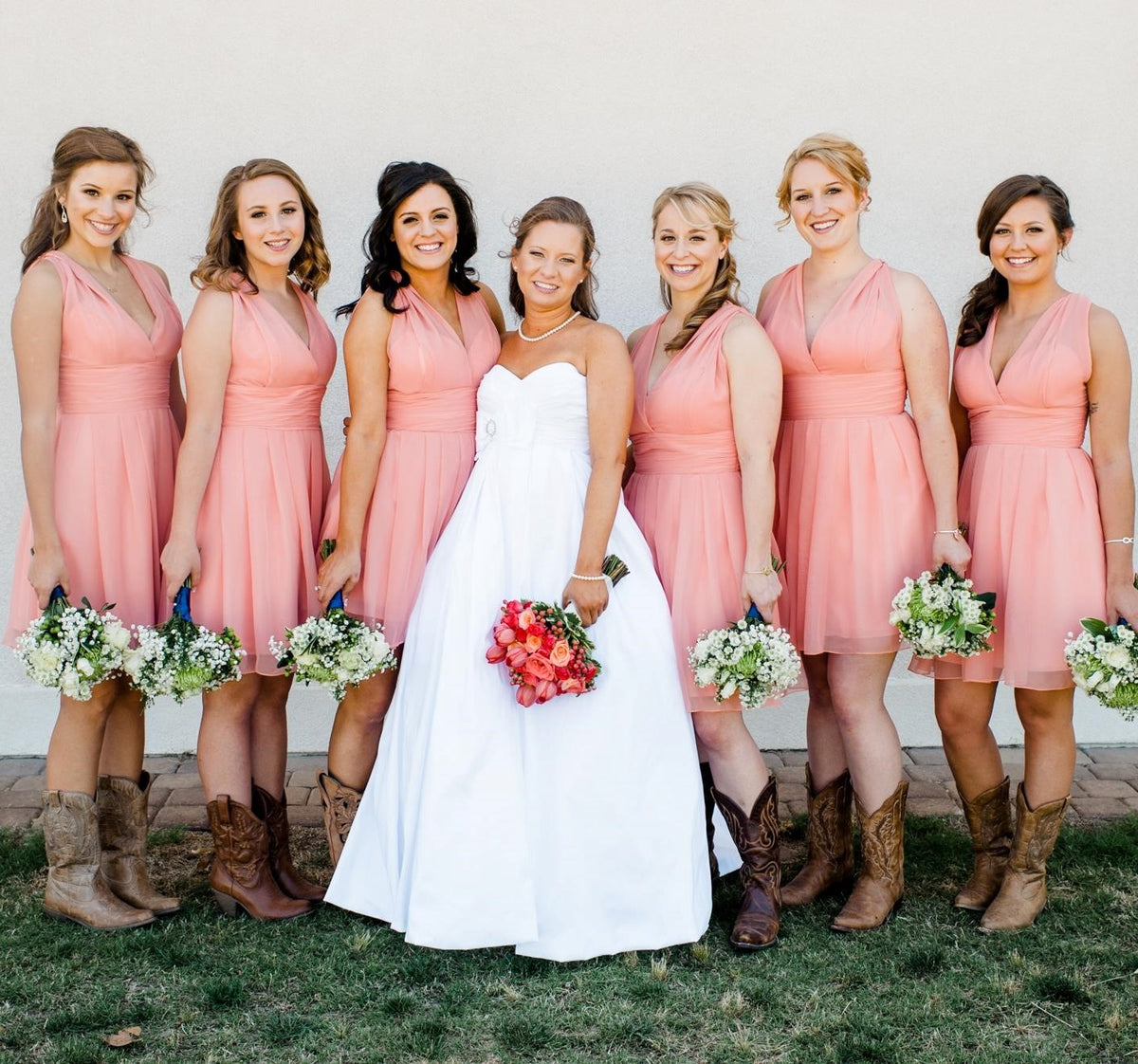 Country Westen Short Coral Bridesmaid Dresses | Rockabilly Bridesmaid Dresses with Boots