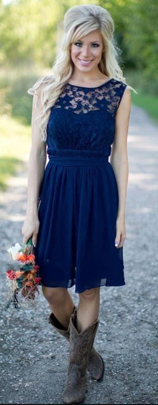 Country Blue Bateau Modest Lace Short Bridesmaid Dresses with Cowboy Boots,GDC1512-Dolly Gown