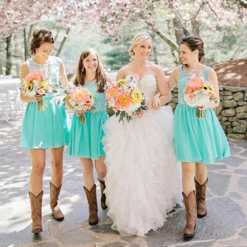 Country Mint Lace Top Chiffon Short Bridesmaid Dresses with Cowboy Boots,GDC1514-Dolly Gown