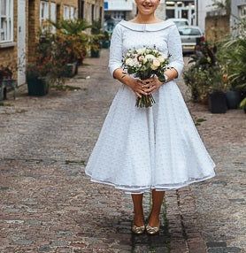 Country style Round Neck Polka Dots Tea Length Pin Up 50s Wedding Dress with Sleeves,GDC1516-Dolly Gown