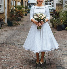 Country style Round Neck Polka Dots Tea Length Pin Up 50s Wedding Dress with Sleeves,GDC1516-Dolly Gown