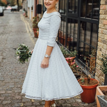 Country style Round Neck Polka Dots Tea Length Pin Up 50s Wedding Dress with Sleeves,GDC1516-Dolly Gown