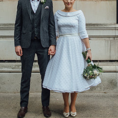 Country style Round Neck Polka Dots Tea Length Pin Up 50s Wedding Dress with Sleeves,GDC1516-Dolly Gown