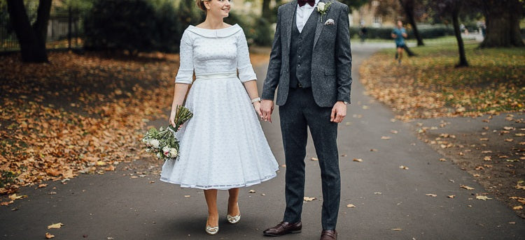 Country style Round Neck Polka Dots Tea Length Pin Up 50s Wedding Dress with Sleeves,GDC1516-Dolly Gown