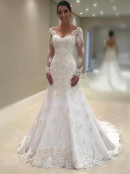 Custom Made Lace Mermaid /Trumpet Wedding Dress with Sleeves/V neck,GDC1032-Dolly Gown