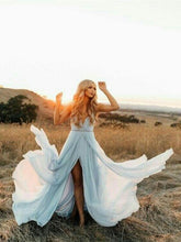 Custom Made Pale Blue Chiffon Boho Wedding Dress with slit,GDC1031-Dolly Gown