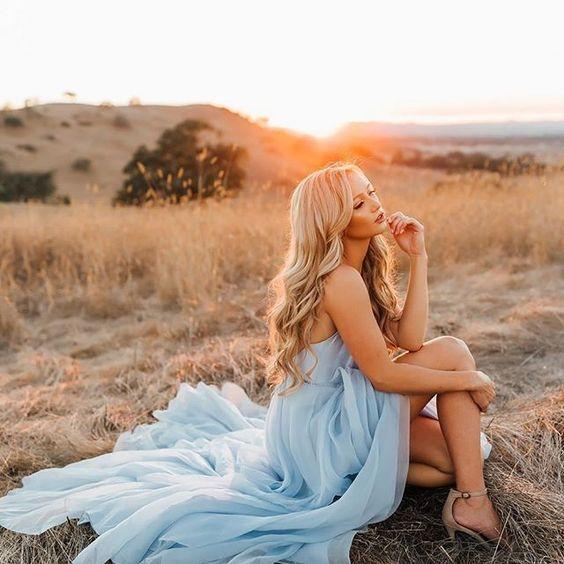Custom Made Pale Blue Chiffon Boho Wedding Dress with slit Custom Made Pale Blue Chiffon Boho Wedding Dress with slit