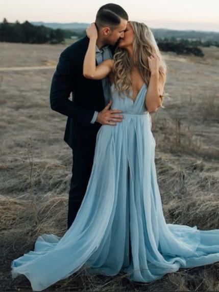 Custom Made Pale Blue Chiffon Boho Wedding Dress with slit Custom Made Pale Blue Chiffon Boho Wedding Dress with slit