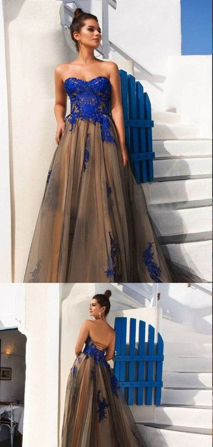 Custom Made Strapless Tulle Champagne Prom Dress with Royal Blue Lace ...
